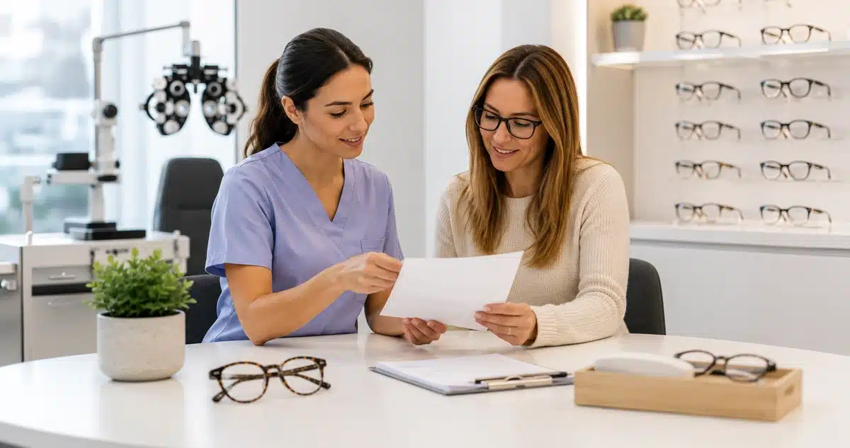 eye doctor showing patient form