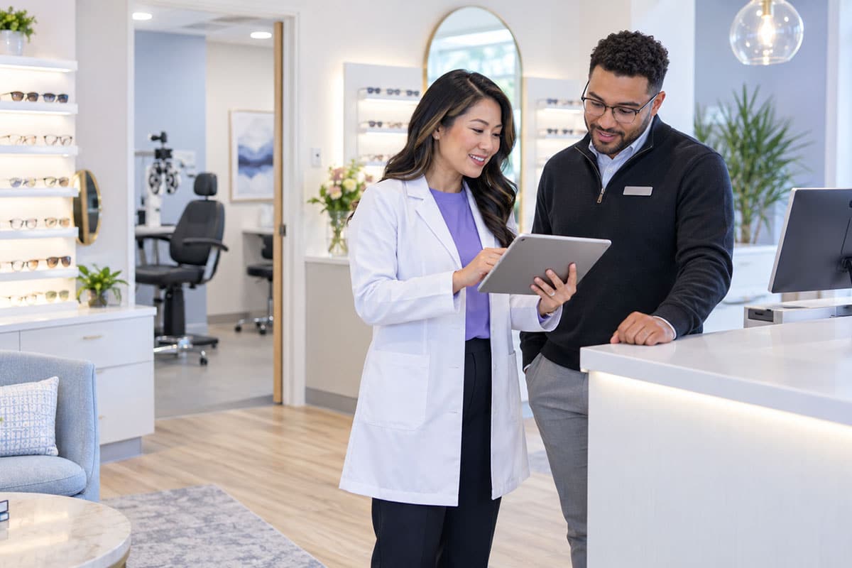 Optometrist talking to team member at eye clinic